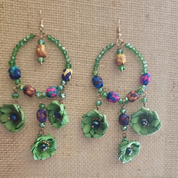 Green and Blue Floral Hoop Earrings - Picture 1 of 4